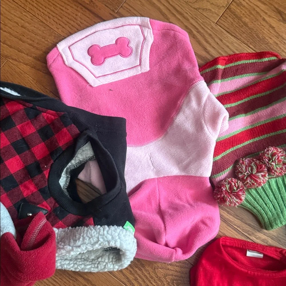 Assorted 9 Dog Sweaters and Accessories for small dog.